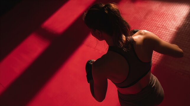 close-up photo of a woman boxing the air in a red fitness room with a spotlight from above. concept of power, training, determination, athletic lifestyle, sports marketing visuals - Powered by Adobe