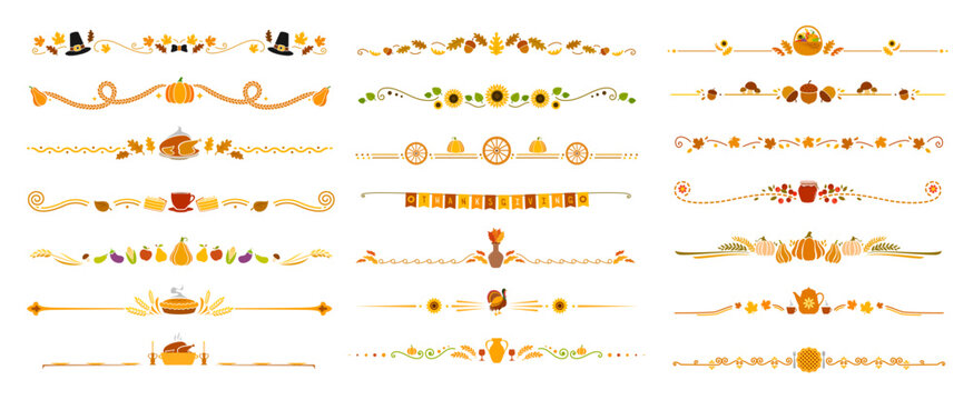 Thanksgiving frame dividers, autumn harvest holiday border lines decorated with vector autumn harvest pumpkins, acorns, sunflowers and maple leaves. Thanksgiving pilgrim hat, turkey and pie dividers