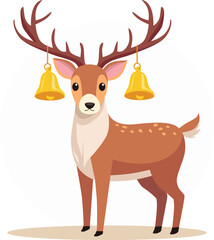Cartoon illustration of a brown deer with large antlers decorated with golden Christmas bells.