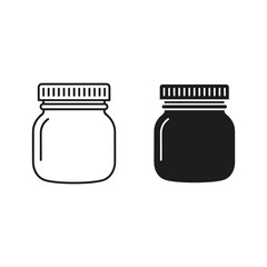 Outline and solid icon set of small glass jar with screw cap