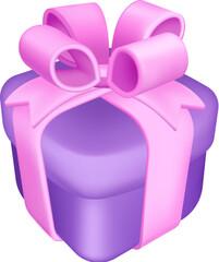 Charming three-dimensional purple gift box with a pink ribbon and bow, ideal for festive digital designs, UI elements, and modern graphic project assets