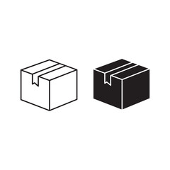 Two isometric cardboard box icons, outline and solid fill isolated on white