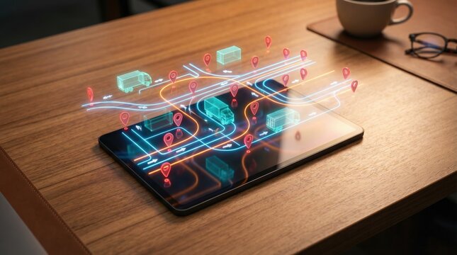 Logistics and delivery tracking concept with digital map on a tablet