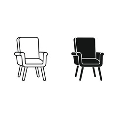 Two armchair icons, outline and solid style, isolated on