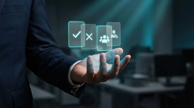 Businessman holding digital icons representing choices and decisions