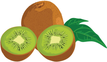Illustration of a whole kiwi fruit with two halves displayed in front, accompanied by green leaves, against a white backdrop.