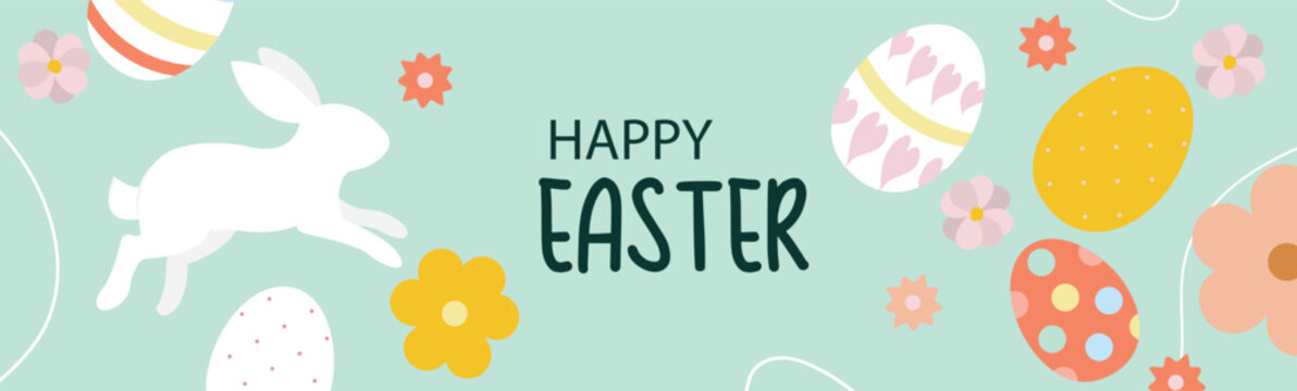 Cute Easter Banner with Bunny and Decorated Eggs Vector Illustration