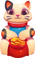 Cartoon lucky Japanese Maneki Neko cat toy with a red sack brimming with golden coins, symbolizing prosperity. Isolated vector beckoning kitten toy, symbol of Asian culture, wealth and good fortune