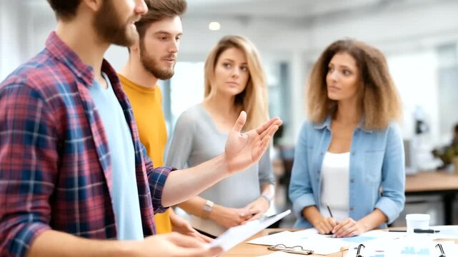 Diverse business professionals collaborating brainstorm defocused ideas analyze, faceless team meeting, document visualization detail, blurred modern office, planning concept, stra