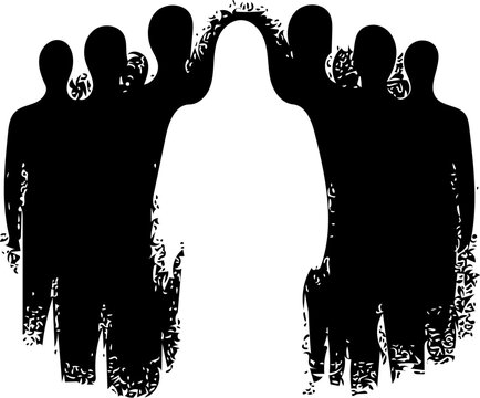 Silhouette of a crowd of people with one person standing out in the center, symbolic of individuality and distinction