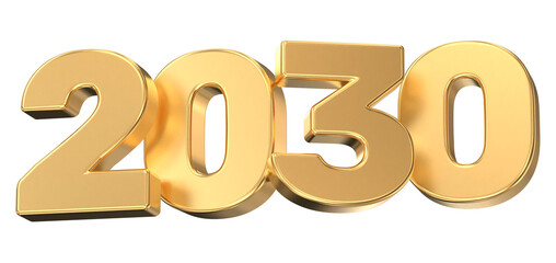 Shiny Golden 3D Text 2030 Isolated on Black Background Representing the Future, Success, and Important Milestones.