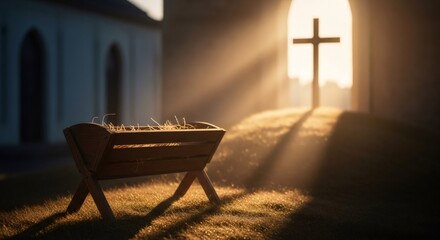 Empty manger in golden light, representing the birth of Jesus Christ, hope, Christmas holiday, Epiphany and new beginning.
