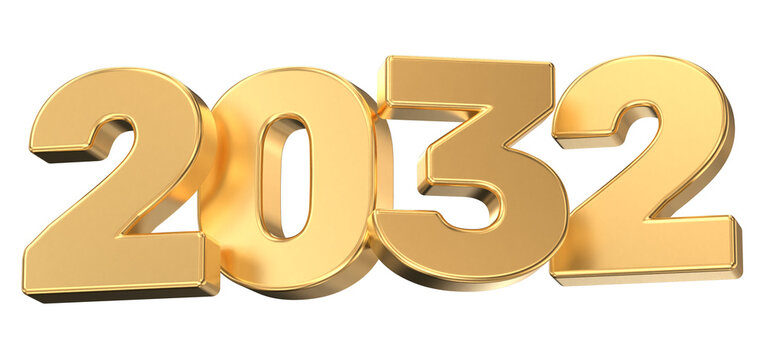 3D Gold Year 2032 Text Isolated on Black Background, Representing Future Timeline, Success, and Wealth.