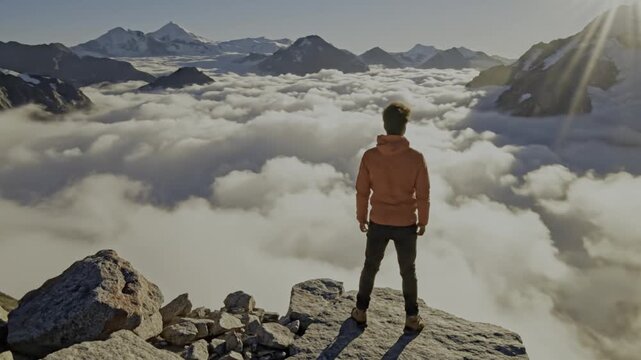 Adventurous man stands atop a rocky mountain, gazing at a breathtaking cloud inversion and majestic peaks.