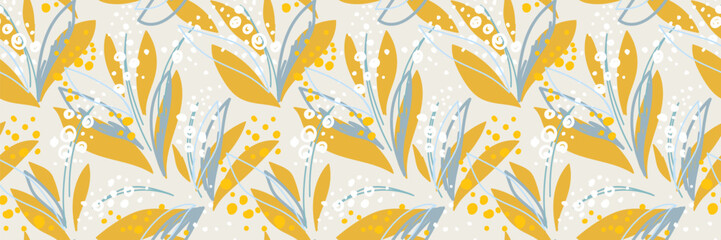 Seamless vector floral pattern with yellow and blue abstract leaves and white berries on a light beige background. Modern botanical design for fabric, wrapping, and stationery