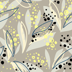 Seamless vector floral pattern with beige, cream, and yellow abstract leaves, black dots, and linear details on a taupe background. Modern botanical design for fabric, wrapping, and decor
