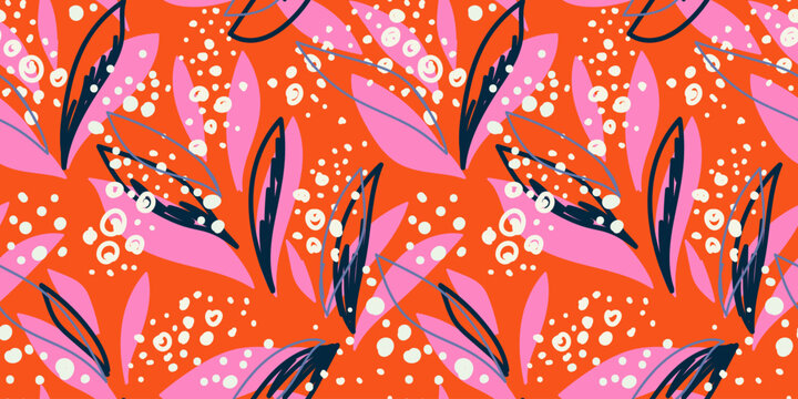 Seamless vector floral pattern with pink and navy abstract leaves and white dots on a bright orange background. Bold modern botanical design for fabric, wrapping, and decor