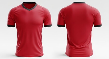 Red and black v neck athletic shirt front and back view for sports or casual wear apparel design mockup