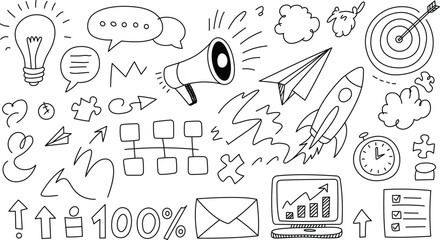 Hand drawn business doodles and marketing elements collection
