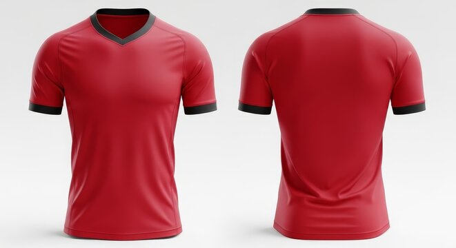 Red and black v neck athletic shirt front and back view for sports or casual wear apparel design mockup