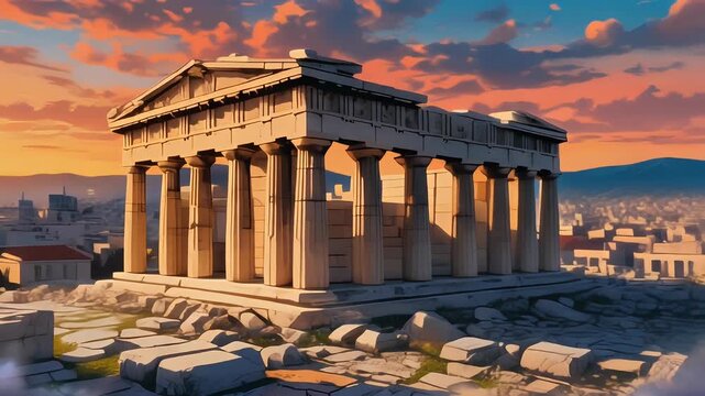 A majestic ancient Greek temple, reminiscent of the Parthenon, stands proudly against a vibrant sunset over a sprawling city.