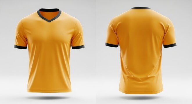 Yellow and black v neck t shirt front and back view presented on a white background space