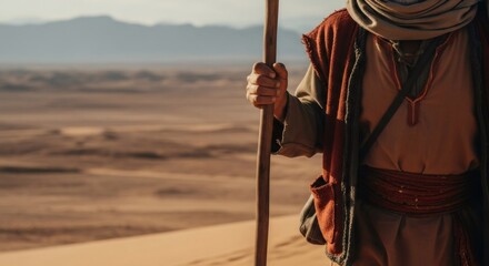 Man in ancient clothes holding a staff, walking through a desert landscape. Biblical figure representing a wanderer or prophet.