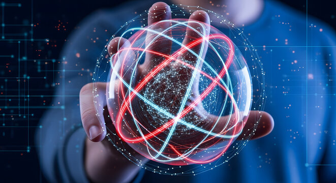 Hand holding glowing digital globe network connection concept - Powered by Adobe