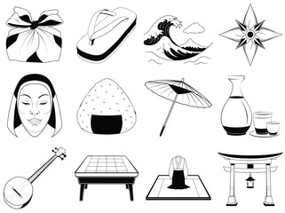 Japanese Cultural Icons Collection Black and White Line Art