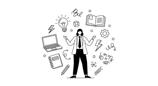 Conceptual illustration of a person juggling multiple tasks and ideas in a dynamic work environment