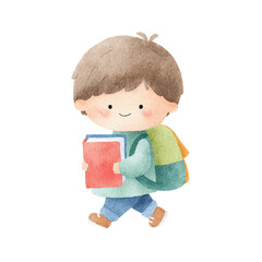 Cute School Boy Walking Happy Student with Backpack and Books.