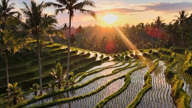 Golden sunlight illuminates the lush rice terraces, creating a stunning view of nature's symmetry. The rice terraces and palm trees thrive under the warm sunlight during this tranq