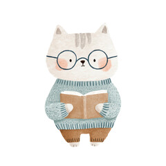 Cute Watercolor Cat Reading Book with Glasses.