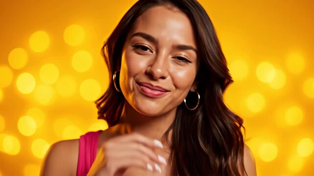 Beautiful Woman Smiling Against Yellow Bokeh Background