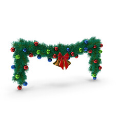 Christmas garland with colorful baubles, golden bells, red bow