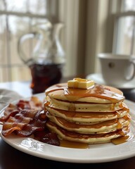 Stack of pancakes with maple syrup butter and crispy meat strips