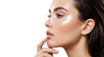 Closeup portrait of a woman with smooth skin touching her face, highlighting beauty and skincare isolated on transparent background