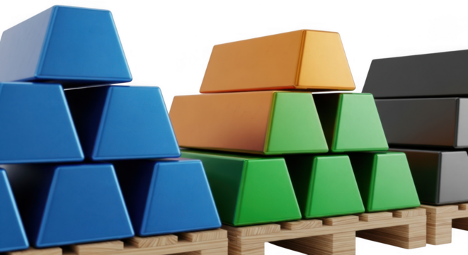 Colorful stacked blocks in blue, green, orange, and gray arranged in a pyramid shape on a transparent background