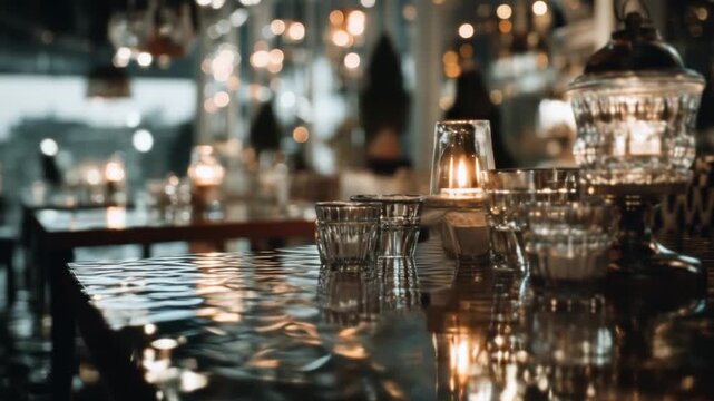 Elegant table setting with candles and glassware in soft focus environment