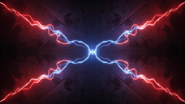 Dynamic Energy Fusion Abstract Illustration of Red and Blue Lightning Bolts Intertwined Against Dark Background