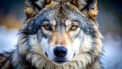 Intense close-up of a wolf with striking amber eyes and detailed fur, set against a blurred, snowy background