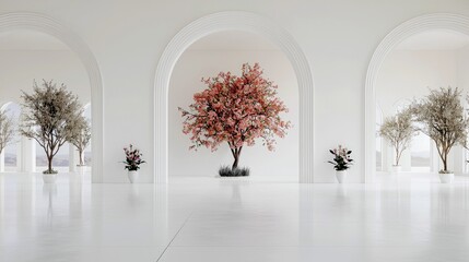 A serene and minimalist interior space featuring white arched openings and decorative trees. One tree in the center is in full bloom with pink flowers, while ot