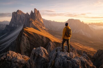 Fototapeta premium Mist-filled mountain panorama of a hiker trekking the Dolomites at dawn