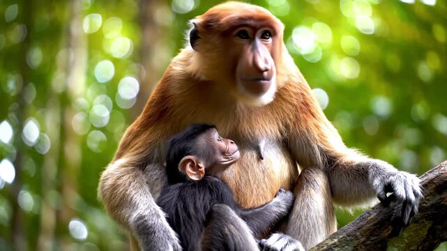 Proboscis Monkey Mother Cuddles Baby in Borneo Rainforest