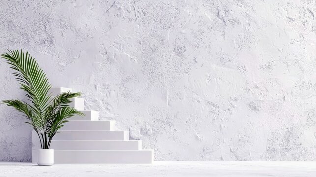 A modern, minimalist interior scene featuring white geometric stairs and a lush green potted palm plant. The background is a textured white wall, with soft, dif