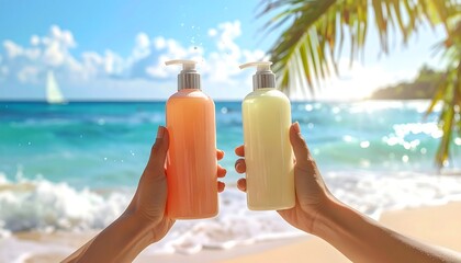 Hands hold two bottles with pumps against a beach backdrop, with turquoise water, white sand, and palm trees