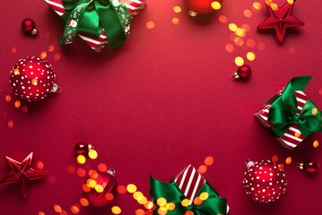 Merry Christmas and Happy Holidays greeting card, frame, banner. New Year. Red Christmas ornaments...