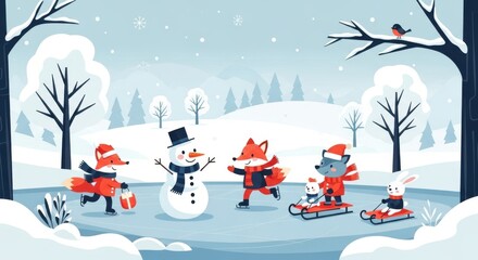 Cheerful cartoon animals enjoying winter ice skating fun together
