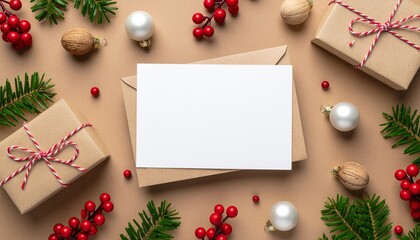 A blank card on craft paper decorated with red berries and wooden ornaments for a warm handmade holiday feel