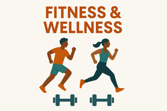 Fitness Motivation Poster. Minimal flat poster promoting fitness and wellness, vector illustrations of running people and